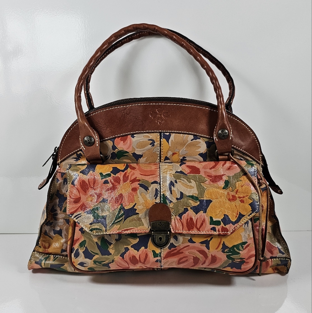 Patricia Nash Floral Leather Satchel in Brown, Pink, Yellow, Green